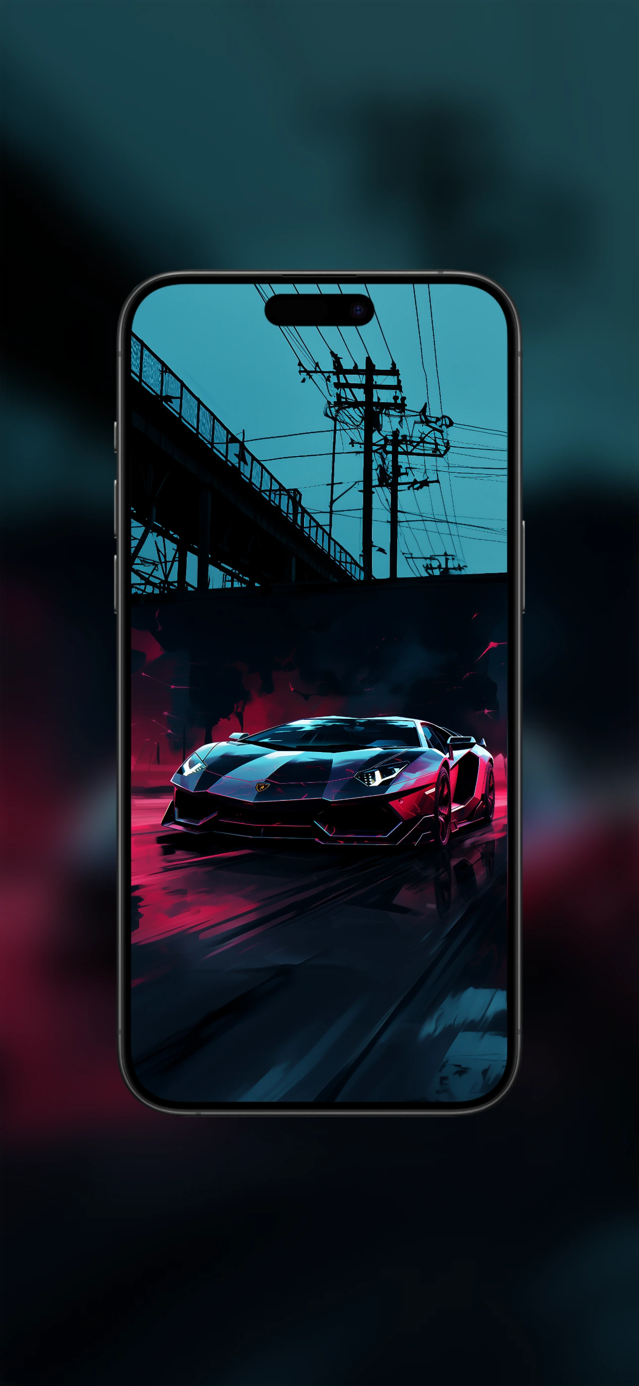 A digital painting of a black Lamborghini Aventador speeding on a wet road with glowing red light trails underneath and a teal industrial sky with power lines in the background.