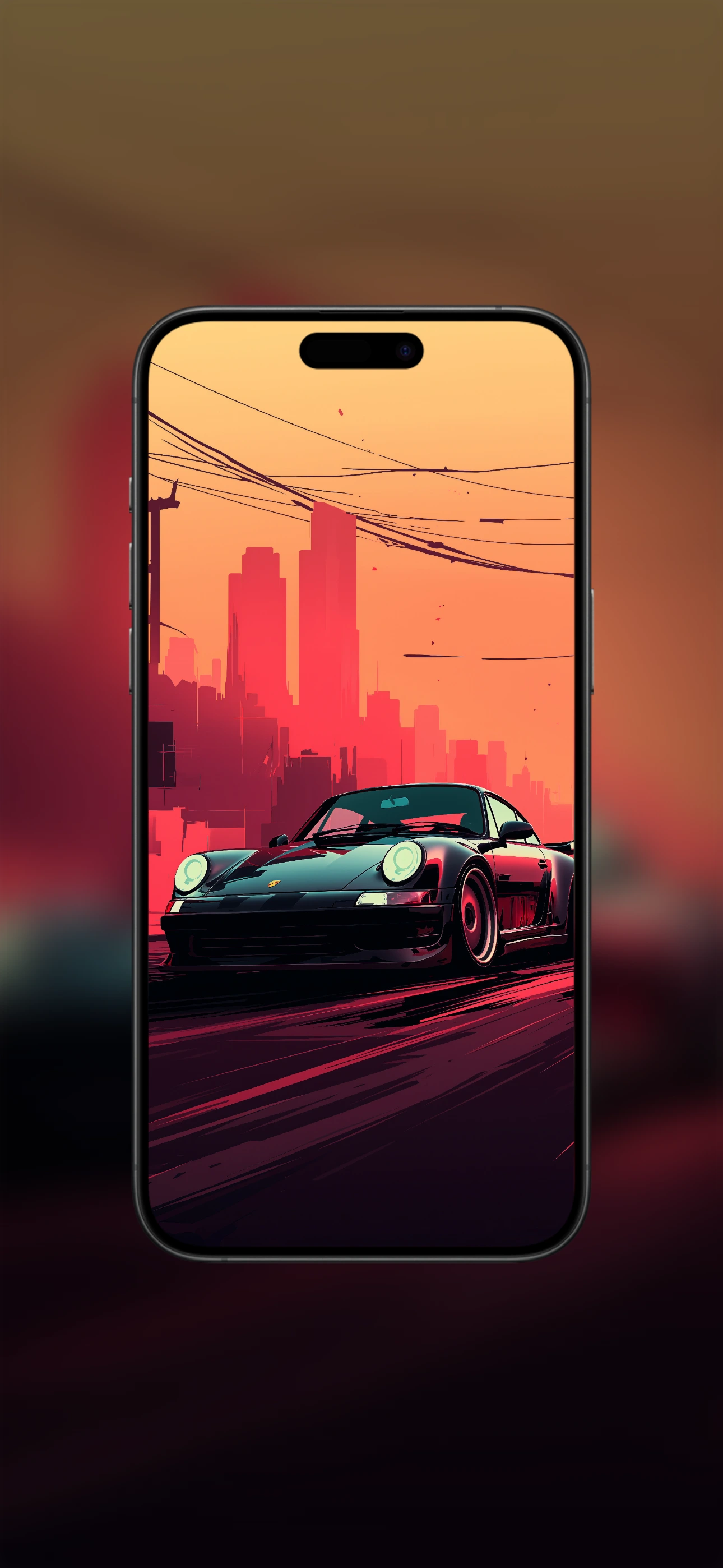 Stylized illustration of a dark Porsche 911 993 driving through a city at sunset with orange and pink sky